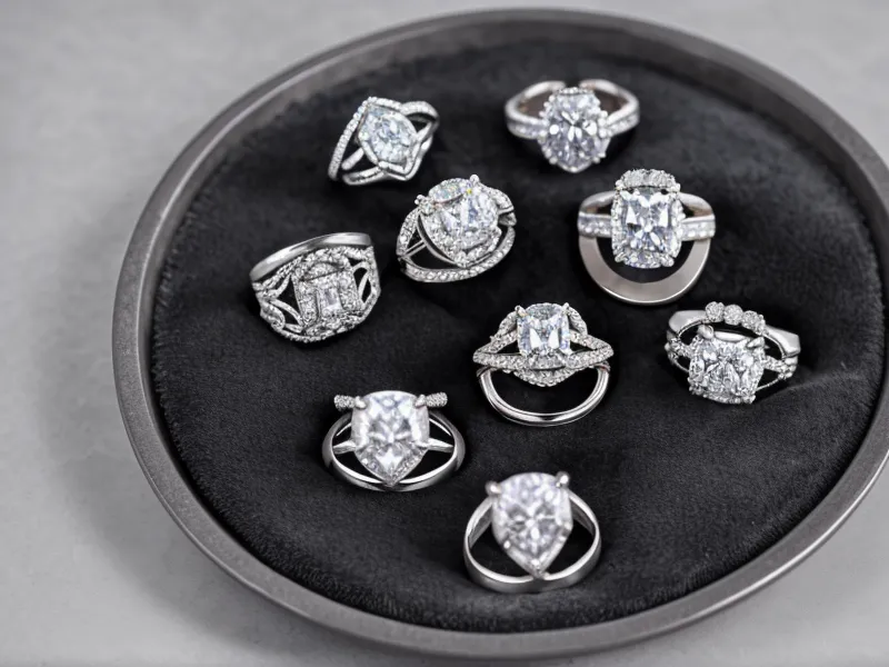 A variety of diamond engagement rings sitting in a velvet display tray.