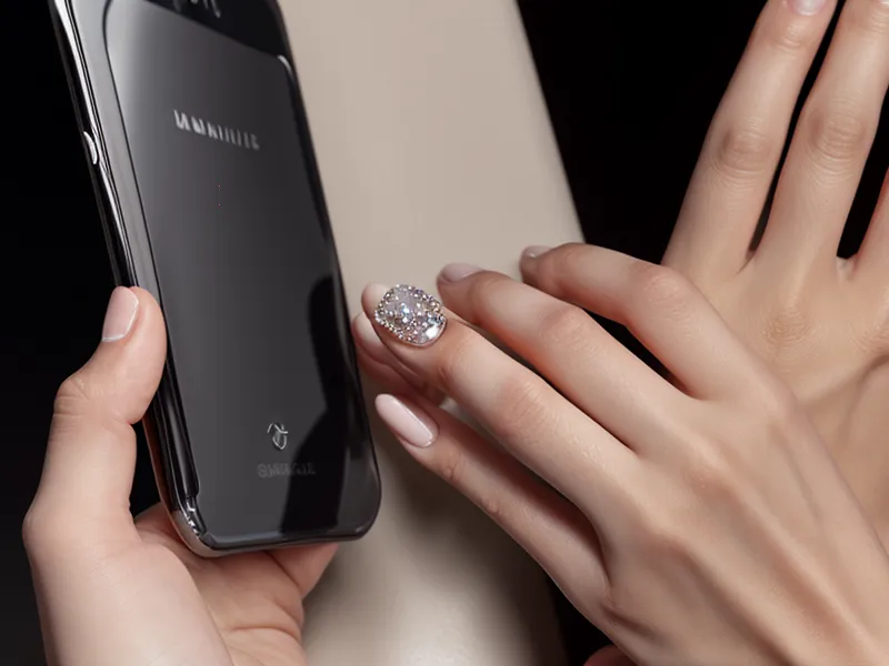 A person looking at engagement rings on a smartphone screen.