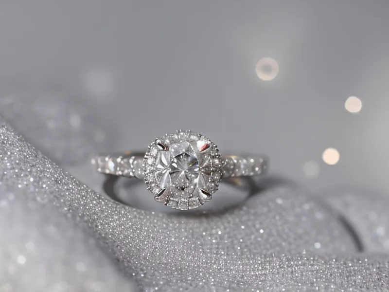 A jeweler's loupe and a diamond ring on a white linen cloth.